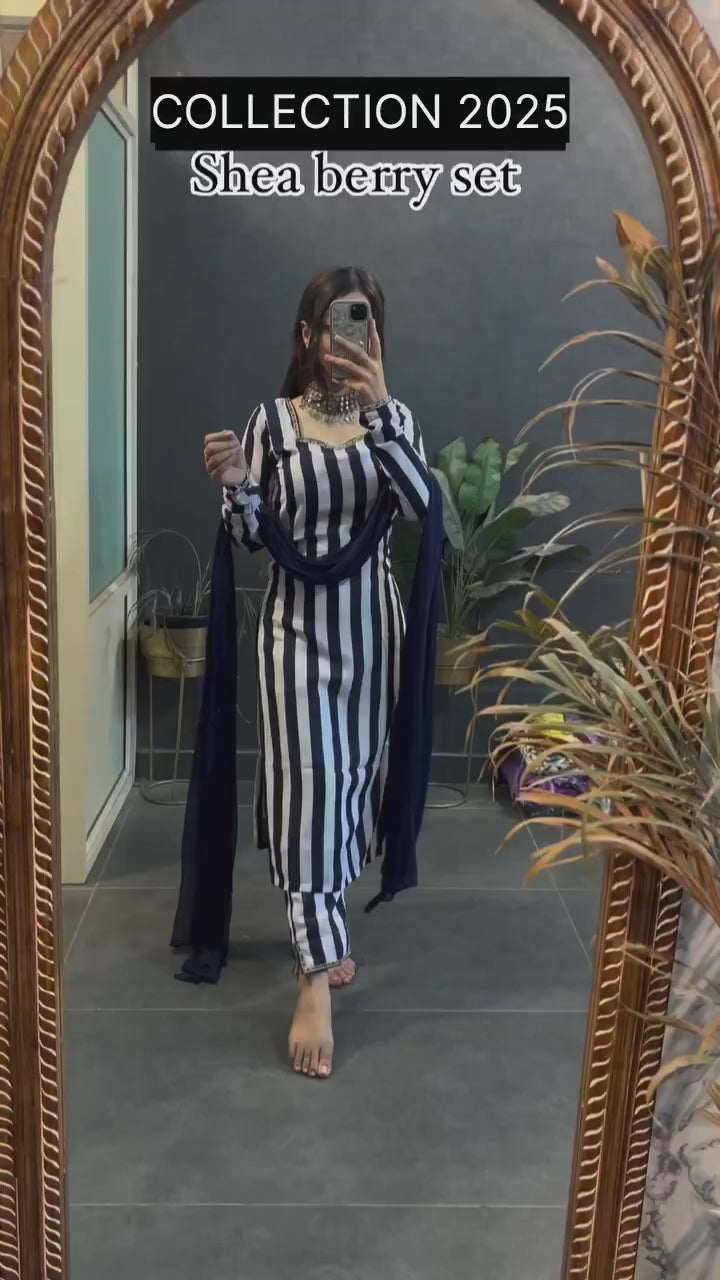Blue Straight Full Sleeves Shea Berry Kurta And Pant With Dupatta
