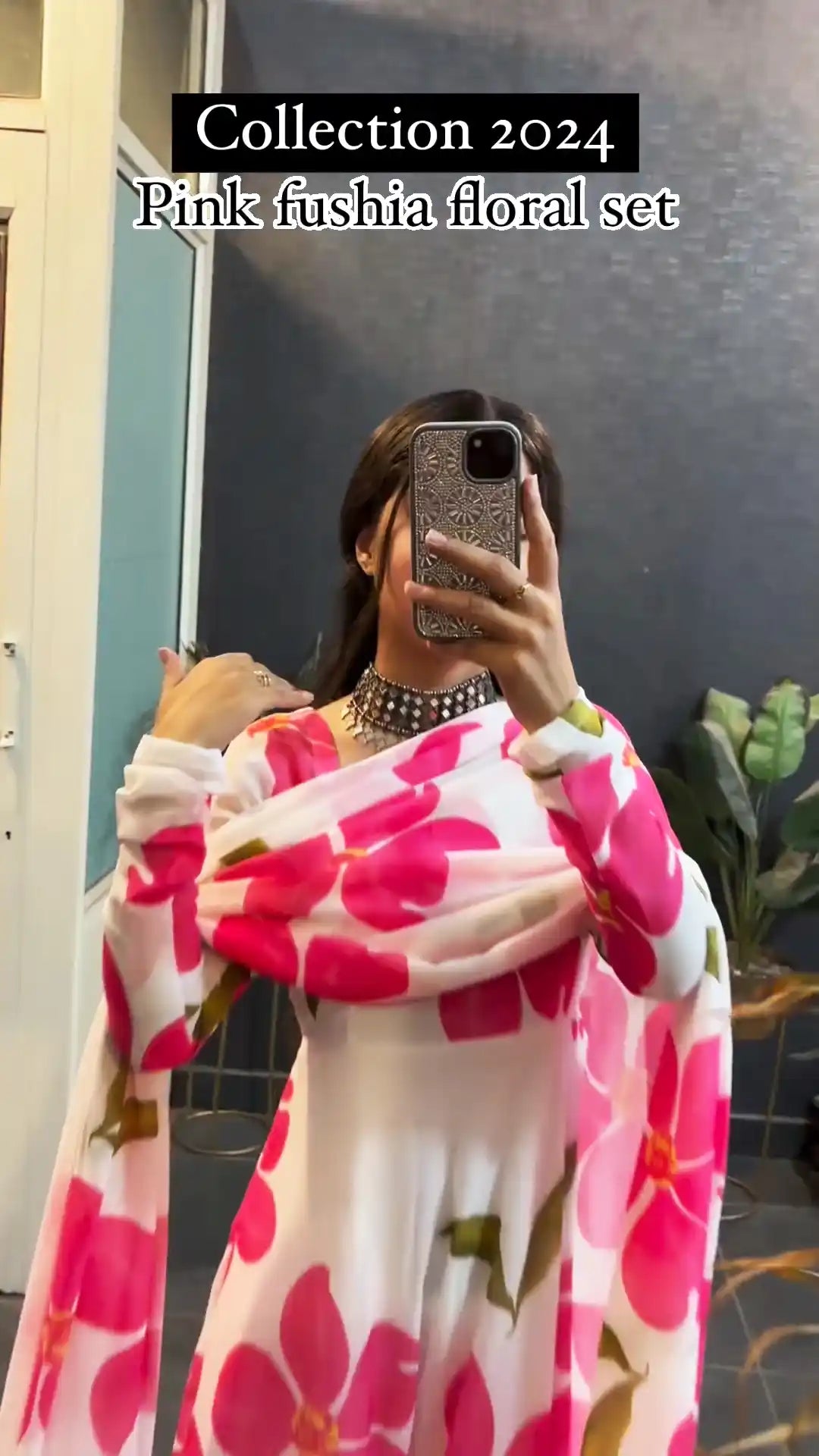 Pink Fushia Floral Set In Long Sleeves With Duppta