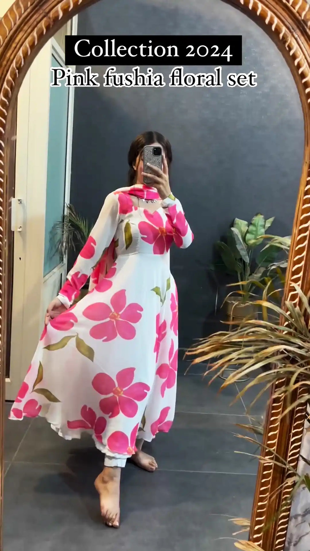Pink Fushia Floral Set In Long Sleeves With Duppta