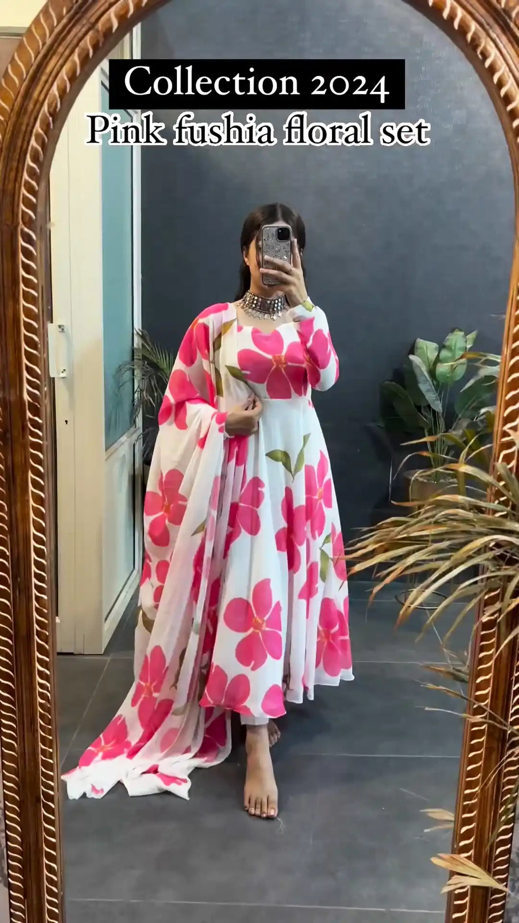 Pink Fushia Floral Set In Long Sleeves With Duppta