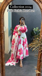 Pink Fushia Floral Set In Long Sleeves With Duppta