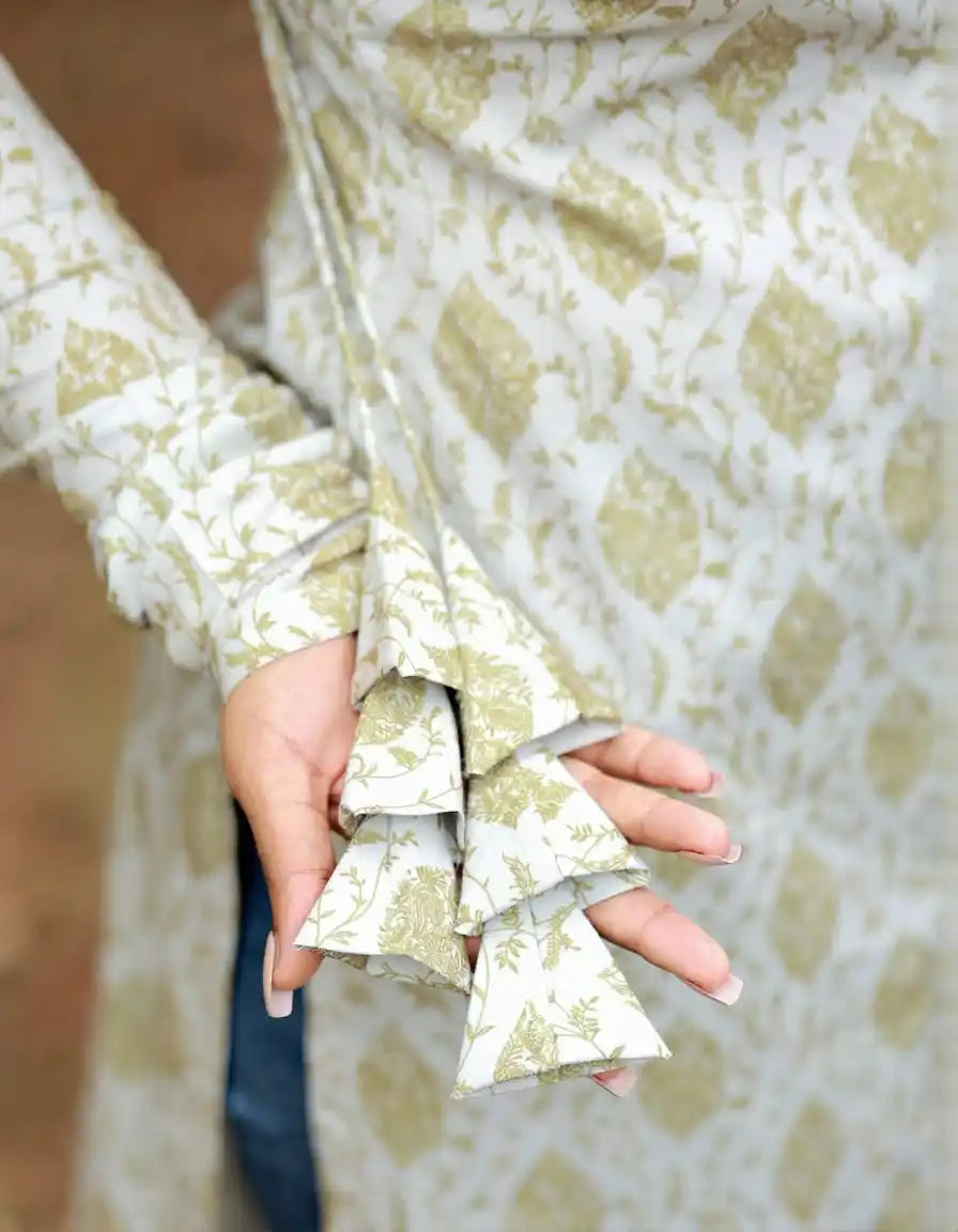 Women's Ivory & Olive Floral Printed Kurti With Tie-Up Sleeves