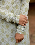 Women's Ivory & Olive Floral Printed Kurti With Tie-Up Sleeves