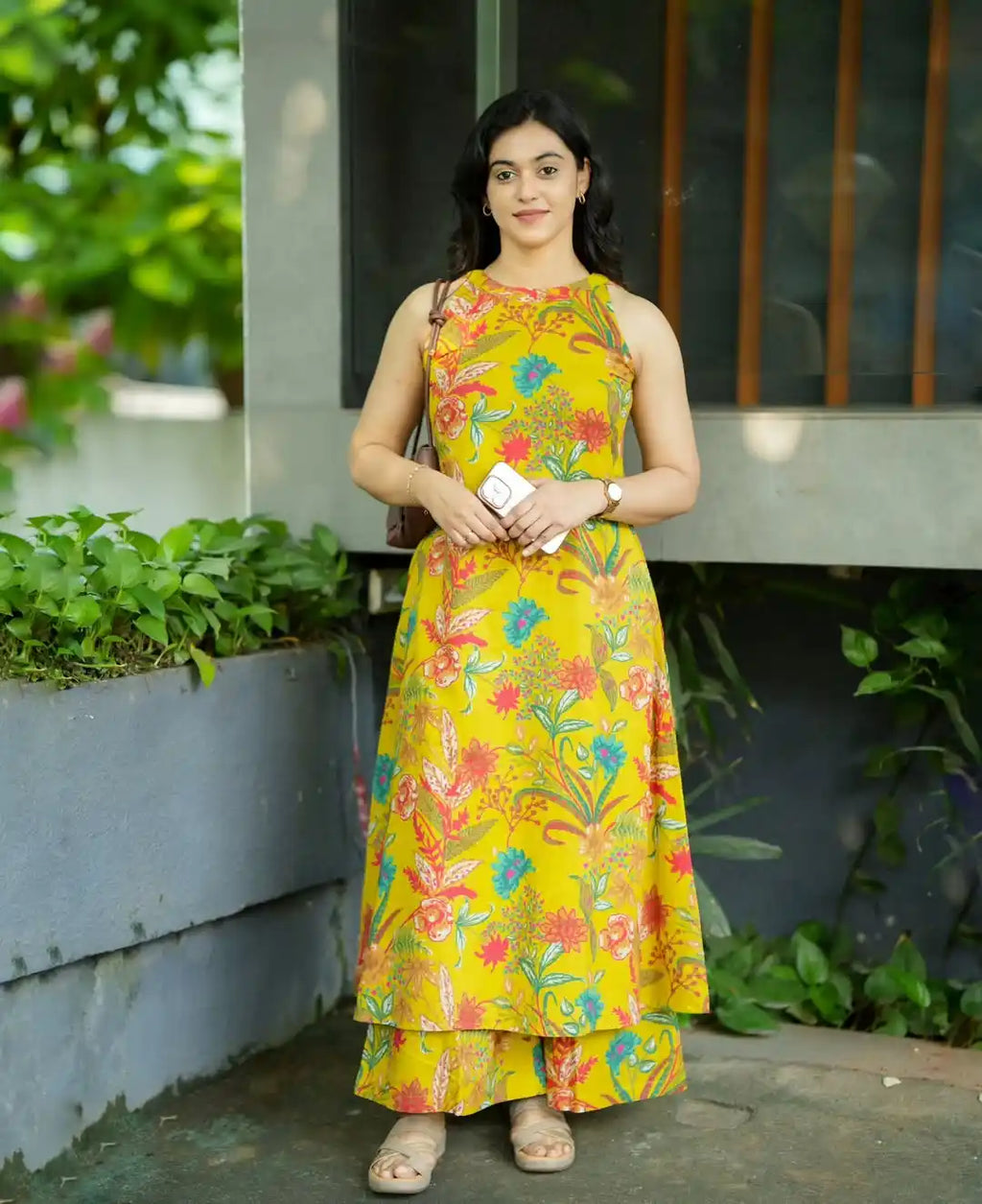 Yellow Floral Sleeveless Kurti With Palazzo Set